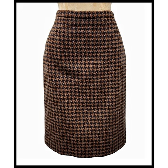 PURE Collection Wool Pencil Skirt Lined Kick Pleat Houndstooth Brown Black 8 10 - Picture 1 of 7